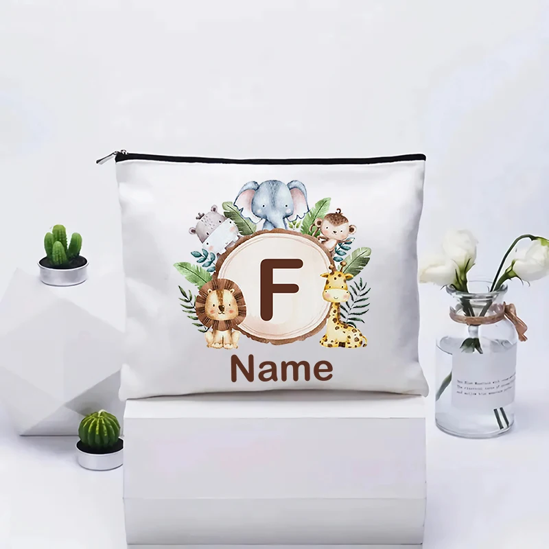 Jungle Animal Safari Initial Letter Makeup Bag,Travel Essentials Cosmetic Toiletry Bag,Bridesmaid Birthday Gift with Custom Name