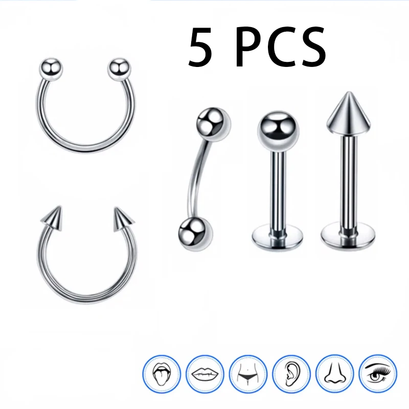 Mix Body Piercing Jewelry Lot  5PCS Set Nose Ring C Clip Lip Stainless Steel Piercing Falso Nose Rings Hoop for Women Men