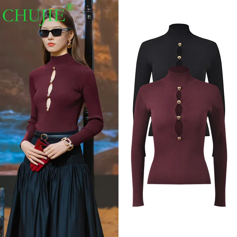 

CHUJIE 2023, зима-весна, новый элегантный вязаный свитер во французском стиле с высоким воротом, облегающий топ для похудения