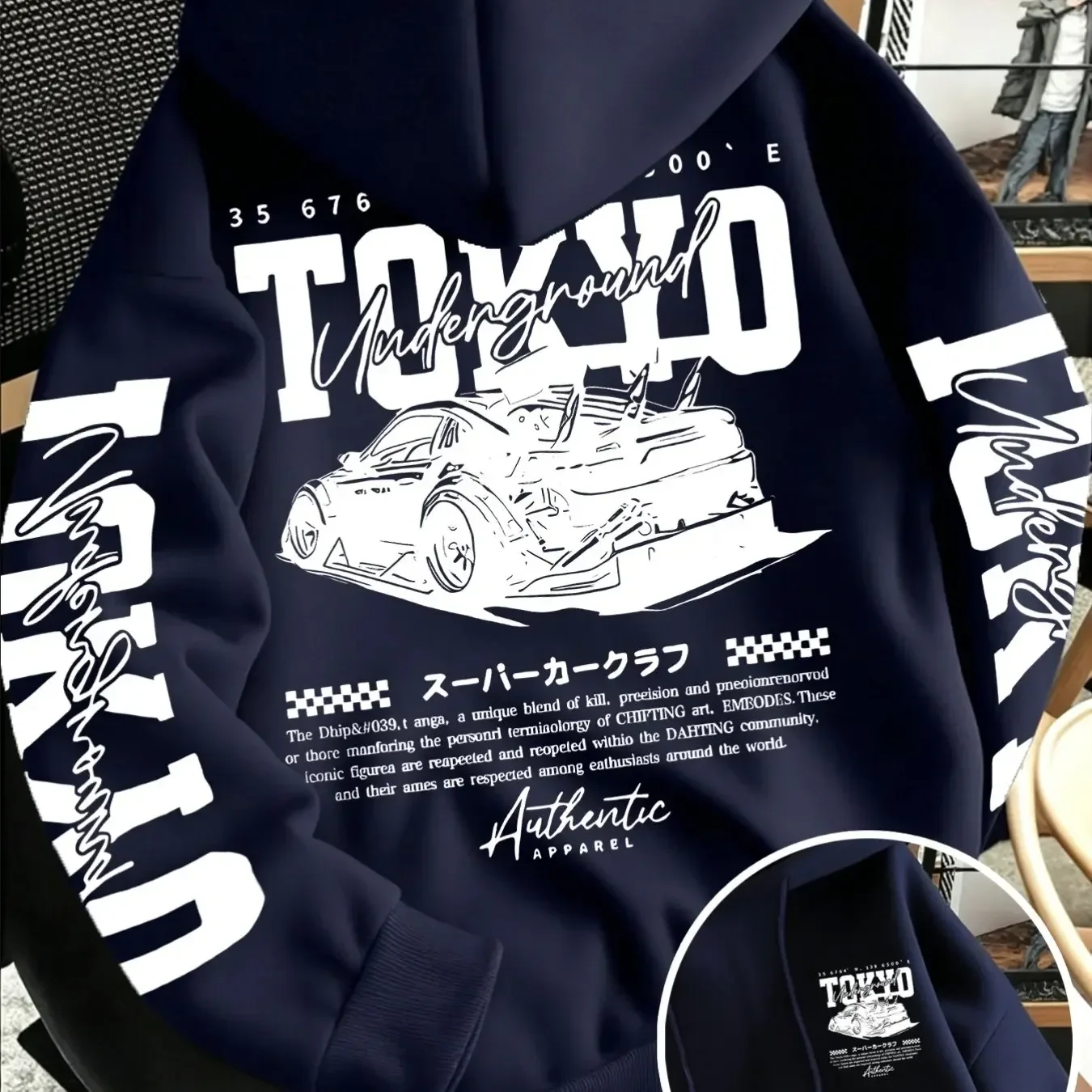 Men JDM Racing Car Hoodie Tokyo Underground Japanese Streetwear Double Sided Back & Sleeve Print Oversized Pullover Sweatshirt