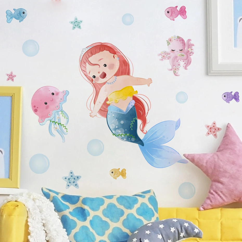 Cartoon Mermaid Crab Jellyfish Turtle Dolphin Wall Sticker For Girls Kids Bedroom Mermaid Wall Decor Vinyl Mural Decals Muraux