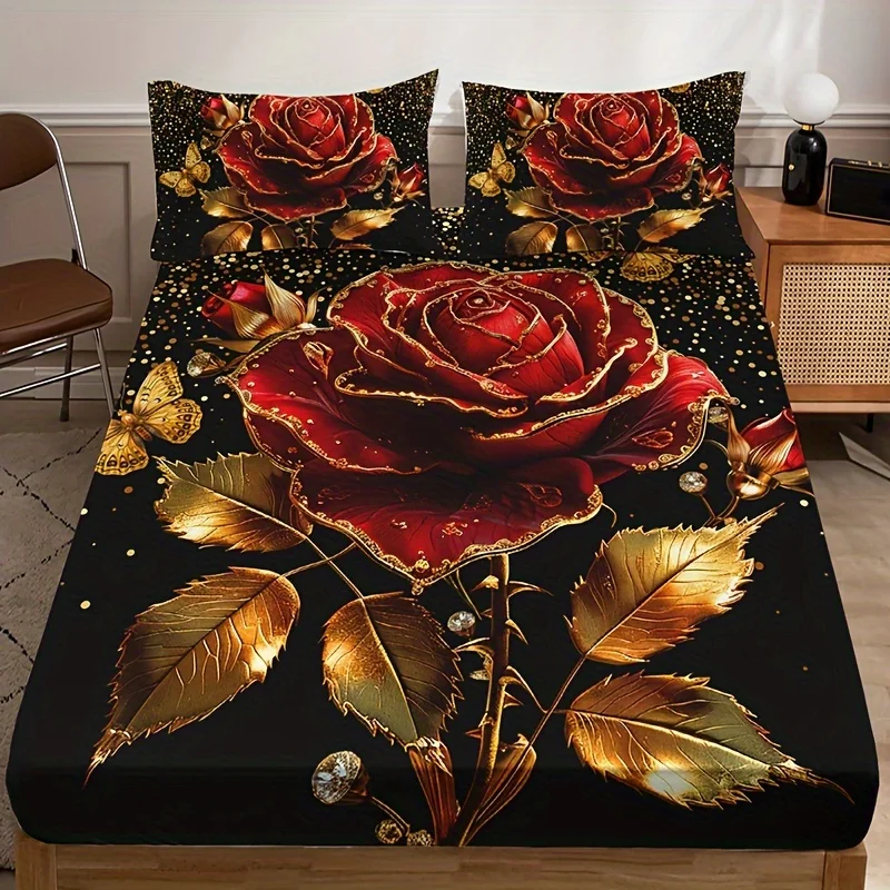 

Golden Rose Floral Digital Print Bedding Set Breathable All-Season Fitted Sheet and Pillowcases Set Deep Pocket Machine Washable