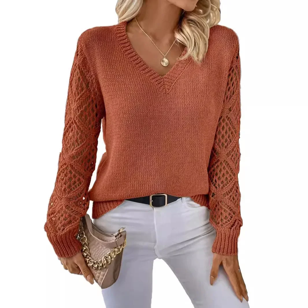 Europe and America Fashion Solid Color Hollow-out Long Sleeve Knitted Sweater, Women's New V-neck Pullover Sweater in Autumn