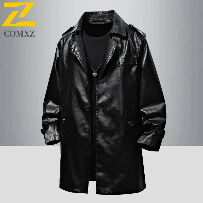 COMXZ Men Motorcycle Jacket New Trendy Loose Working Windproof PU Leather Coat Luxury Elegant Medium And Long Styles Windbreaker