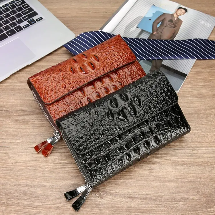 PU leather crocodile pattern men's wallet, double zipper multi-compartment clutch, portable hand-held wallet