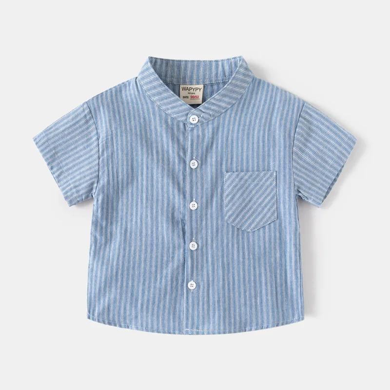 Fashion Boys Summer Short Sleeved Shirts Korean Stand Collar Striped Casual Tops 2-8Years Baby Boys Clothing