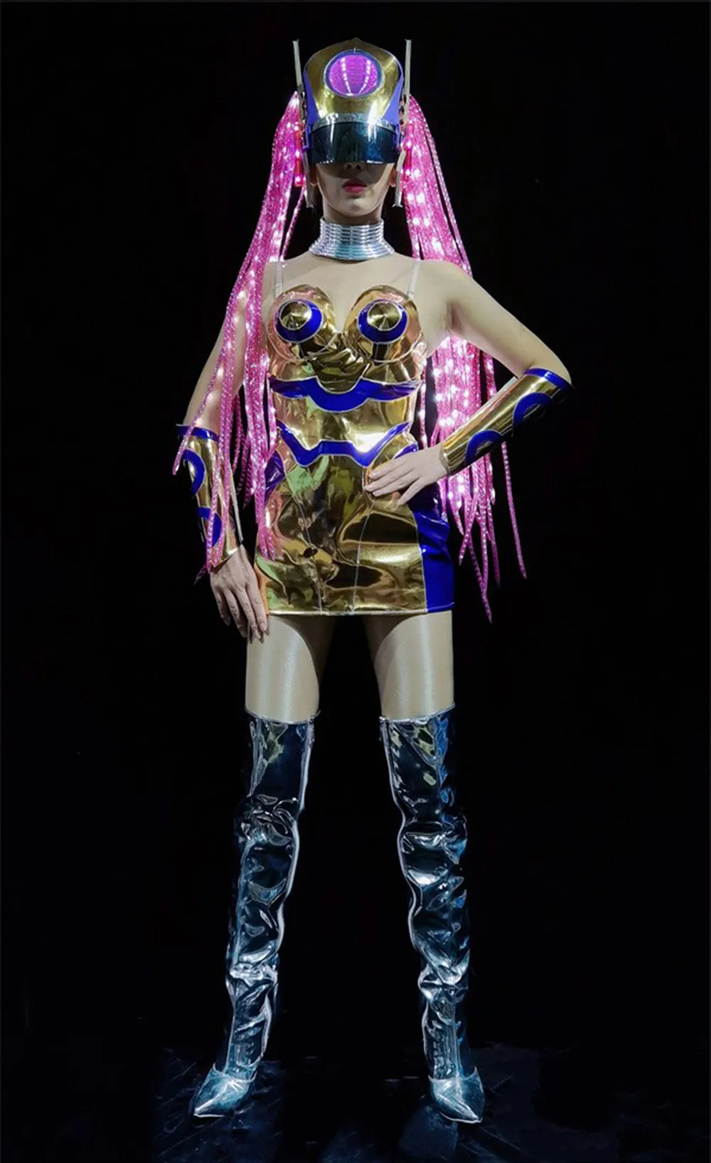 Technologie Sense LED chapeaux Punk or robe à épaules dénudées discothèque Gogo danse vêtements Drag Queen Costume Rave tenue yj414