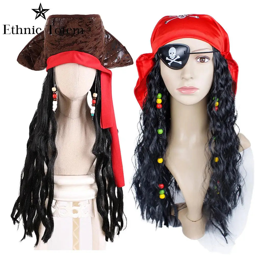 Captain Pirate Brown Hat Wig for Adult Jack Sparrow Faux Leather Hats with Hair Halloween Cosplay Costume Props Accessories