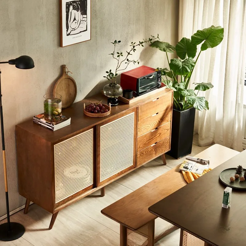 Japanese-style solid wood rattan dining side cabinet wabi-sabi home locker furniture