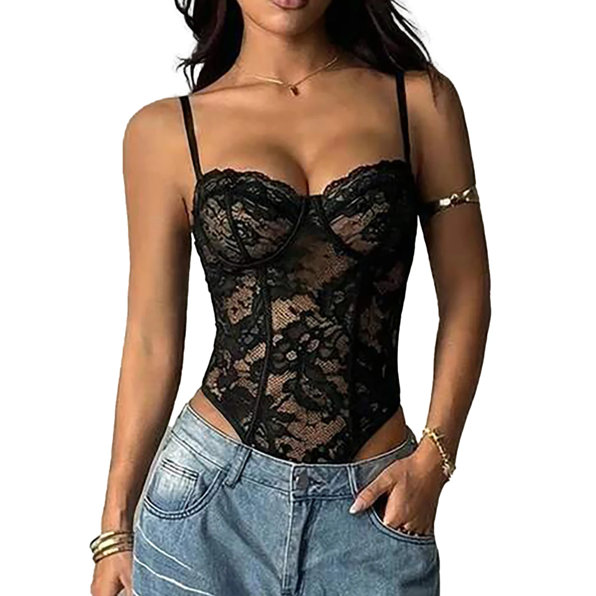 Damen Sexy Spitzen-Bodysuit mit Spaghetti-Trägern, Figurbetont, Club-Party-Outfit – Detail 7