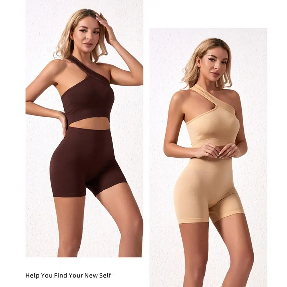 2Pcs Reusable Seamless Women Workout Sets High Waist One Shoulder Active Wear Ribbed Tank Tops Yoga Outfits Fitness