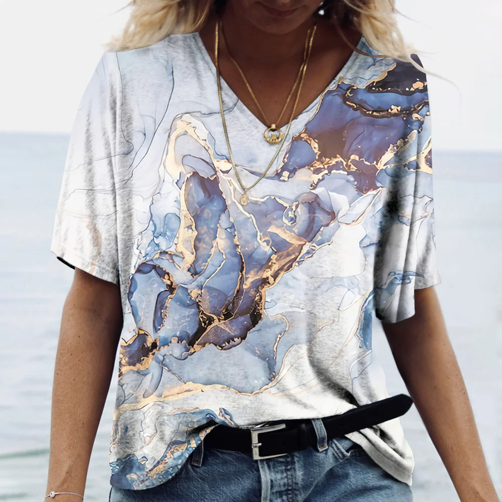 Summer V-Neck Women‘s T-Shirt 3d Marbling Print Tops Tee Fashion Streetwear Daily Y2k Clothes 2024 New Ladies Plus Size T-Shirts