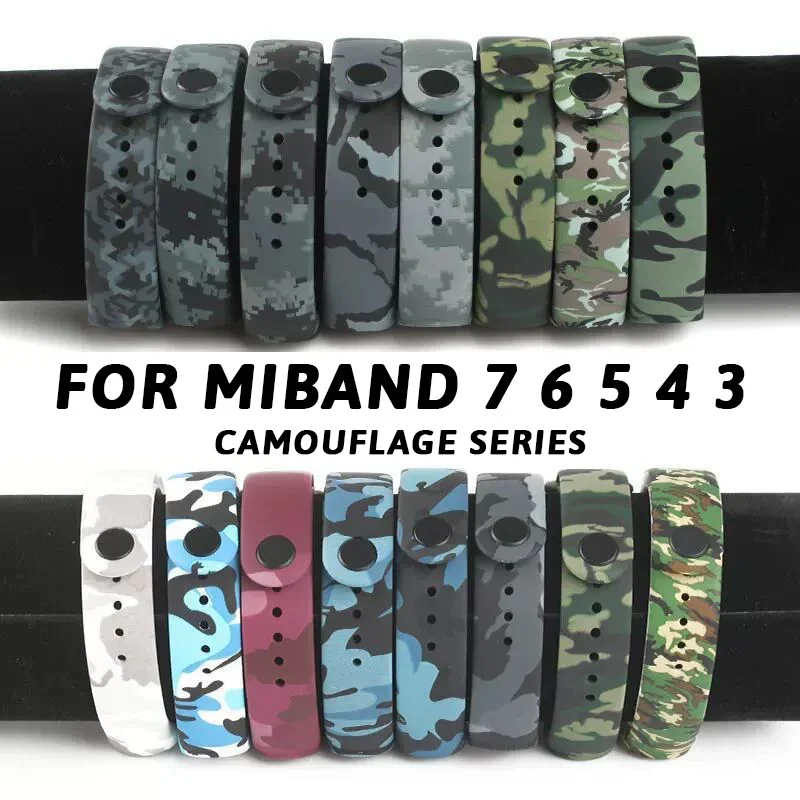 Camuflagem Strap para Xiaomi Mi Band, Silicone Pulseira, Pulseira de Substituição, 7, 6, 5, 4, 3