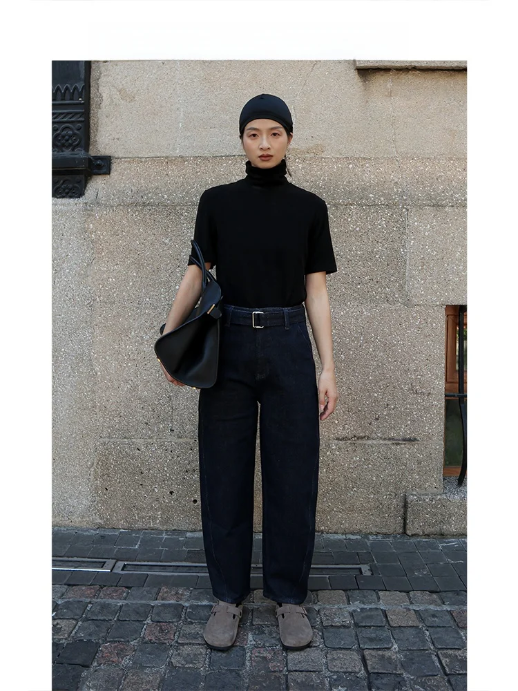 

Classic Simple Commuter Retro Blue Nostalgic Straight Leg Jeans High Waist Zipper Closure Regular Thickness Long Pants Blue