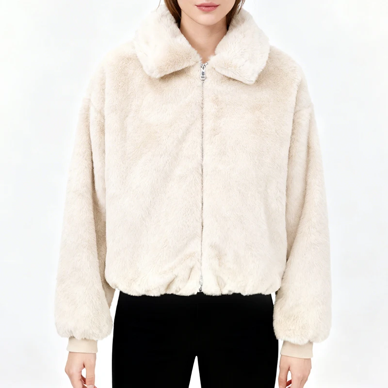 

Зимнее новое модное пальто из искусственного меха для женщин с длинным рукавом и отложным воротником, свободная молния, теплая плюшевая верхняя одежда, меховая бежевая куртка женская