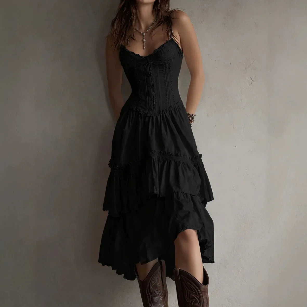 Damen Boho Spaghettiträger-Korsettkleid mit Spitzenbesatz, gestuftem Rüschensaum und unregelmäßigem Schnitt, Midi-Kleid, Vintage, lässig, Party, Sommerkleid – Detail 7