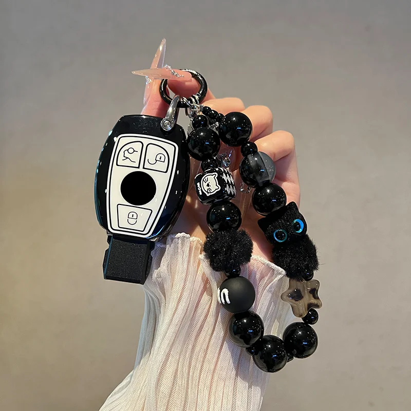 

Чехол для ключей от автомобиля Mercedes Benz A B C E Class GLS GLA GLK GLC CLS CLA AMG W204 W212 W176 Чехол для ключей Брелок с черными кошачьими бусинами Брелок
