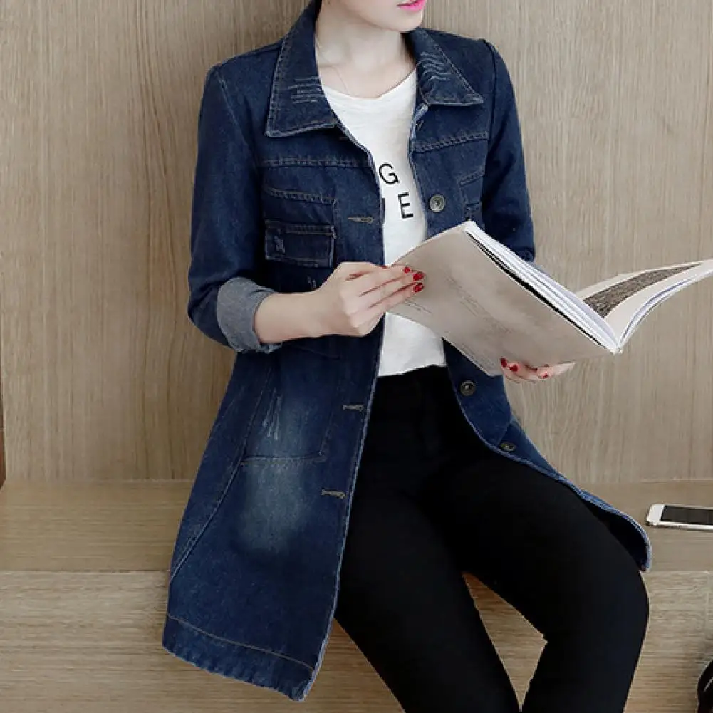 

Trendy Denim Coat Breathable Buttons Closure Comfy Irregular Hem Long Women Jacket Slim Coat Flap Pockets