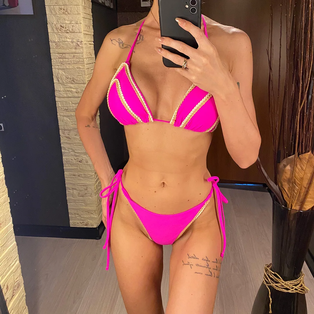 Sexy Splicing Neckholder-Bikini, brasilianischer Stil, Damen-Badeanzug, zweiteiliges Bikini-Set, Badebekleidung, Badeanzug, Damen-Bikini V4593G – Detail 7