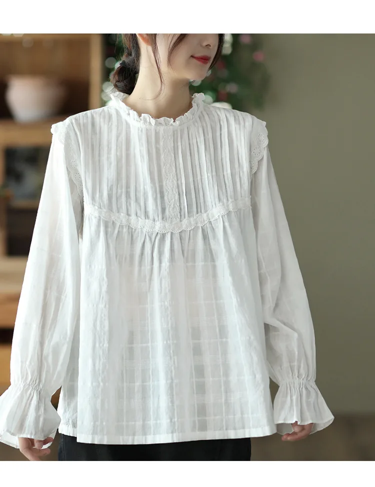 Boho blouses women Korean fashion y2k bohemian long sleeve white lace embroidery shirts youthful woman clothes