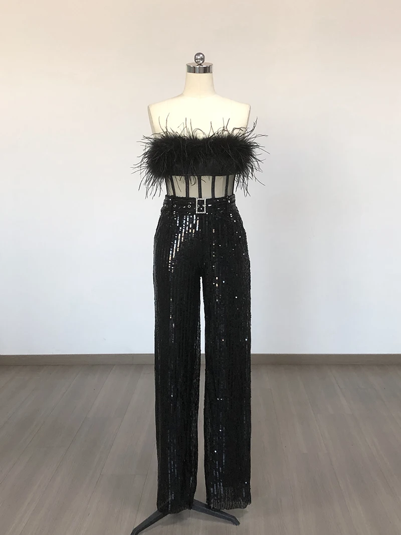 Pantalon de combinaison à sequins Cutaway avec poitrine et ourlet en peluche, initié et dos