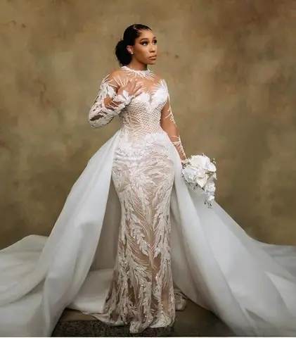 Customized Plus Size Wedding Dresses Bridal Gowns For Bride Detachable Train Sheer Neck Long Sleeves Beaded Lace Tiered