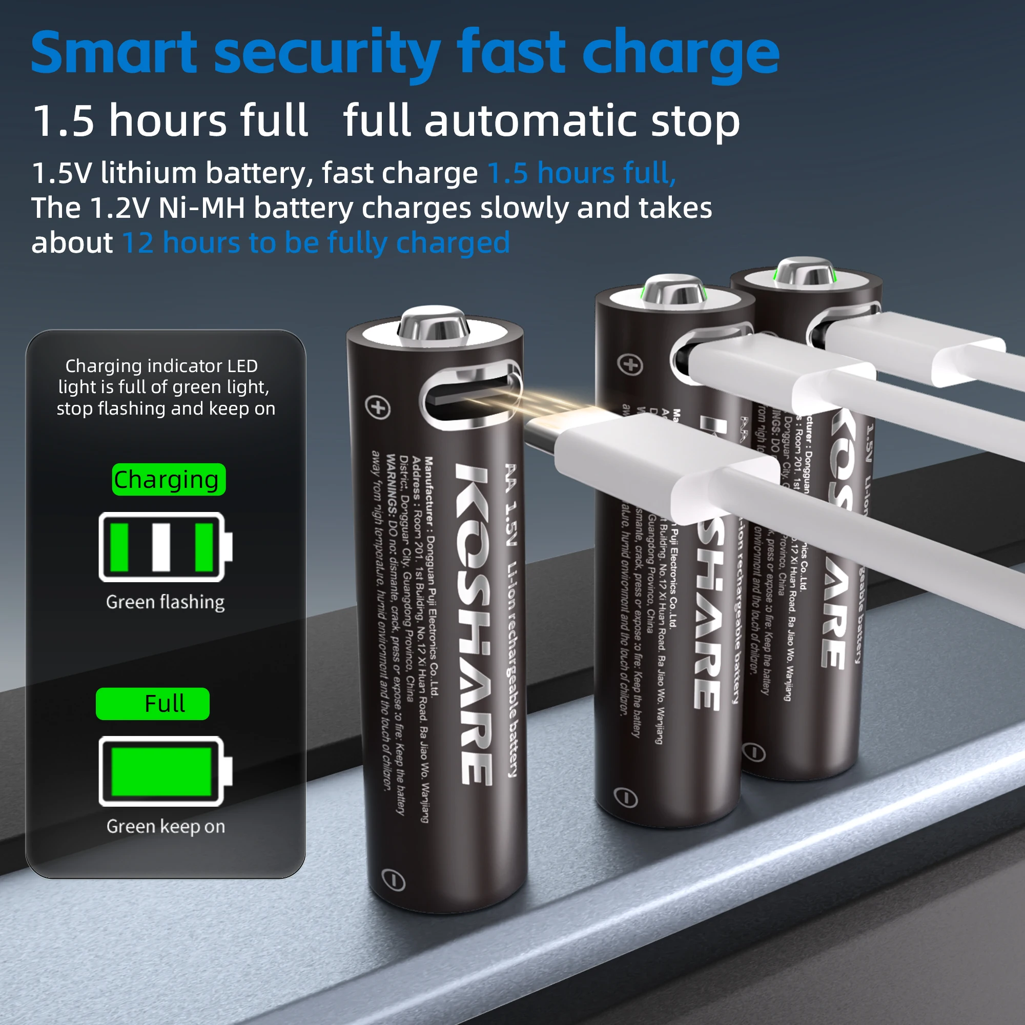 

KOSHARE 1.5V AA lithium battery 2400mWh C-type USB charging, used for remote control toys, smart door locks, mouse