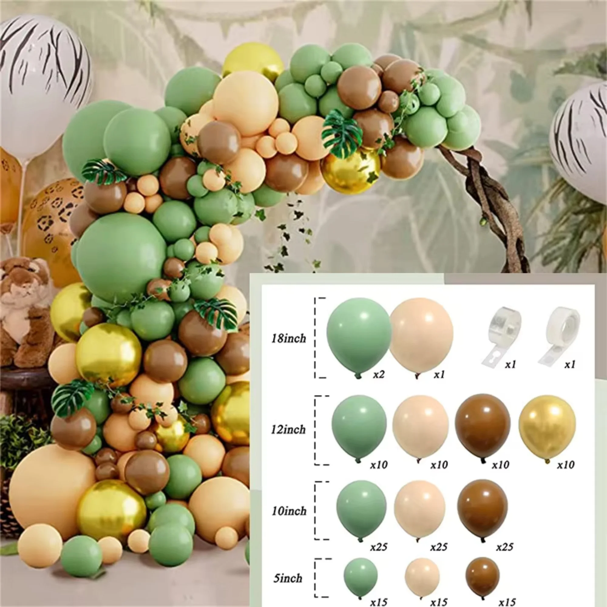 

Hot Selling Forest Theme Green Gold Paper Scraps Metal Latex Balloon Arch Set for Birthday Party New Life Ceremony Decoration