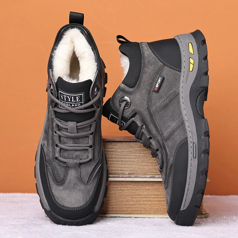High top casual cotton leather shoes for men  cotton shoes with plush insulation and thickened outdoor cold proof snow boots