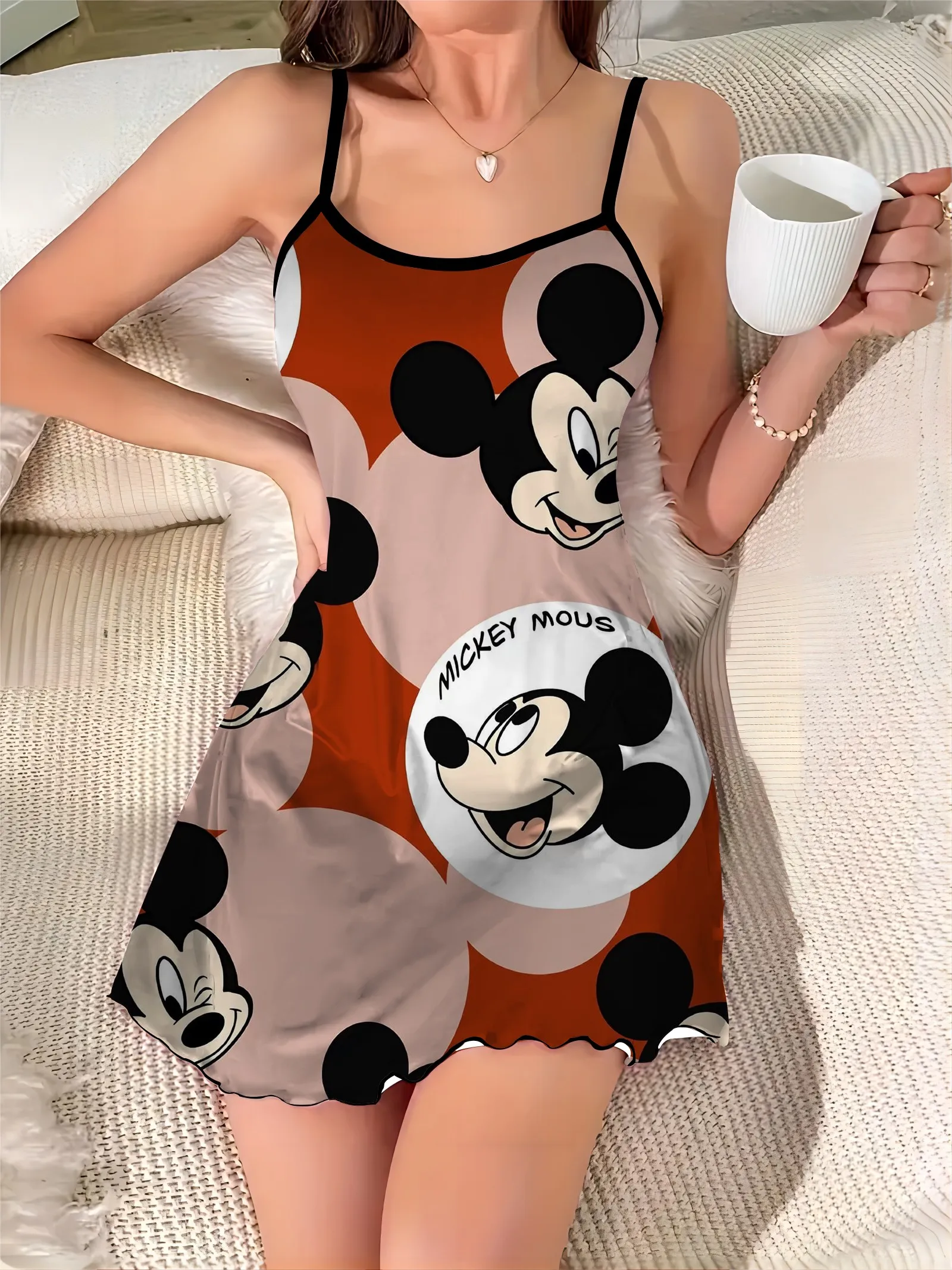 Fashion Summer Dresses 2024 Crew Neck Pajama Skirt Mini Dress Minnie Mouse Disney Mickey Satin Surface Lettuce Trim Elegant Chic