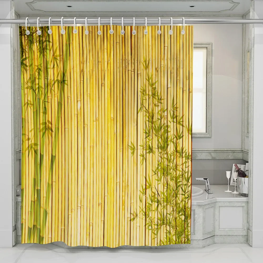 Yellow Green Bamboo Shower Curtain Bathroom Curtains Natural Scenery Waterproof Fabric Background Wall Decor Screen With Hooks