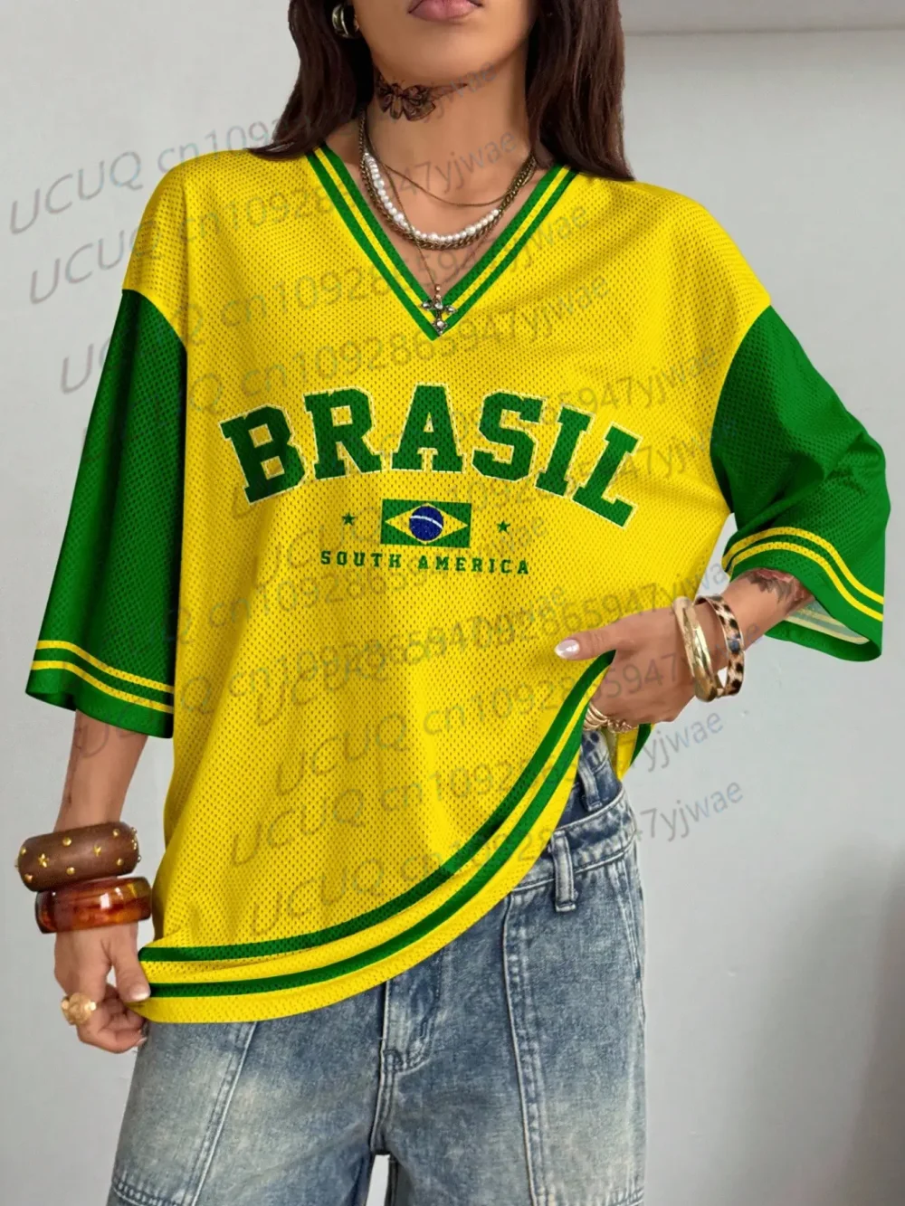 Sommerliches Y2K Brasilien Grafik-Print T-Shirt für Damen – Übergröße, Kurzarm, Lässiges Streetwear-Oberteil mit Lochmuster