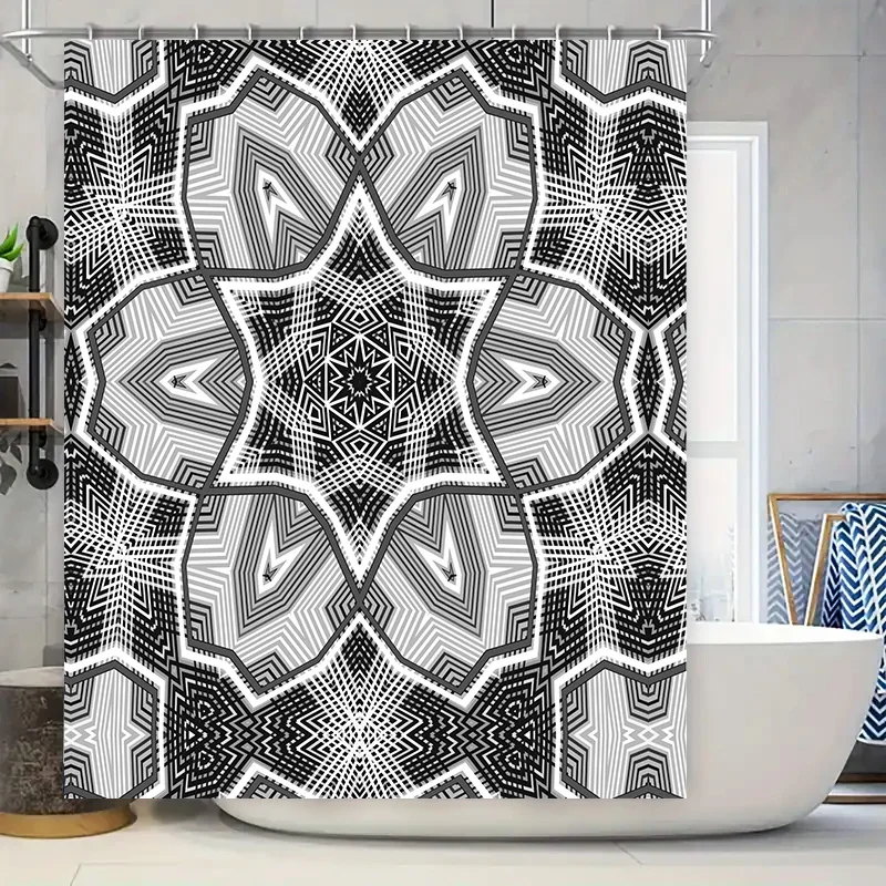

Черно-белая занавеска для душа с геометрическим рисунком для декора ванной комнаты. Простая установка с наборами крючков.
