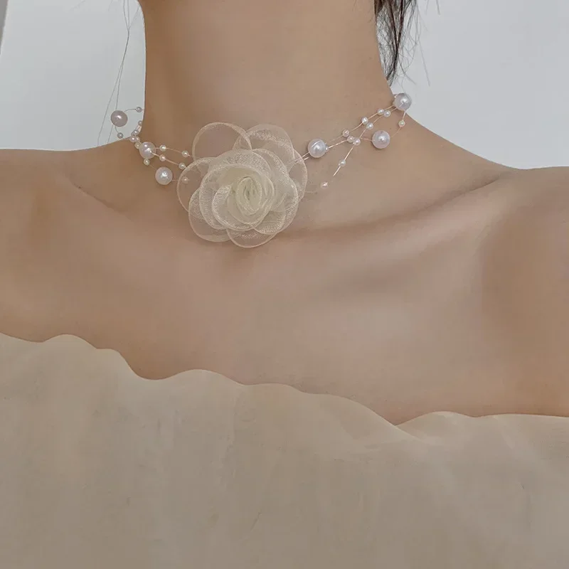 Beautiful Lace Flower Choker Necklaces Simulated Pearl Chain Elegant Camellia Necklaces Women Fashion Jewelry