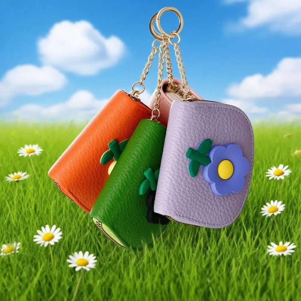11 فتحة حامل بطاقة الجهاز الصغير تصميم زهرة مع سلسلة المفاتيح الكرتون زهرة بطاقة حقيبة متعددة الأغراض المدمجة سستة عملة الحقيبة