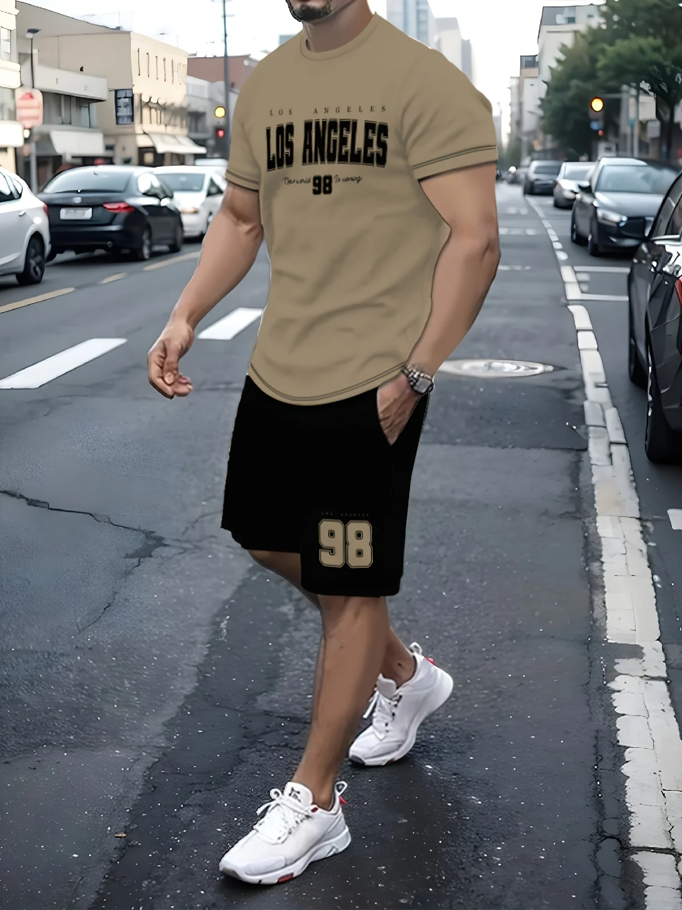 

Men'S Trendy Summer Fashion Two-Piece Set Featuring a High-Definition Graphic Print from LOS ANGELES 98, Including a Short-Slee