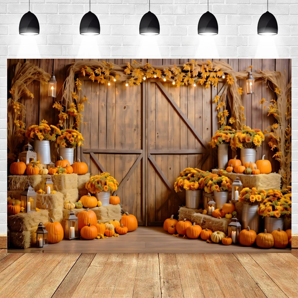 Fall Thanksgiving Backdrop Autumn Pumpkin Harvest Barn Background Hay Maple Leaves Baby Shower Banner Supplies Photo Booth Prop