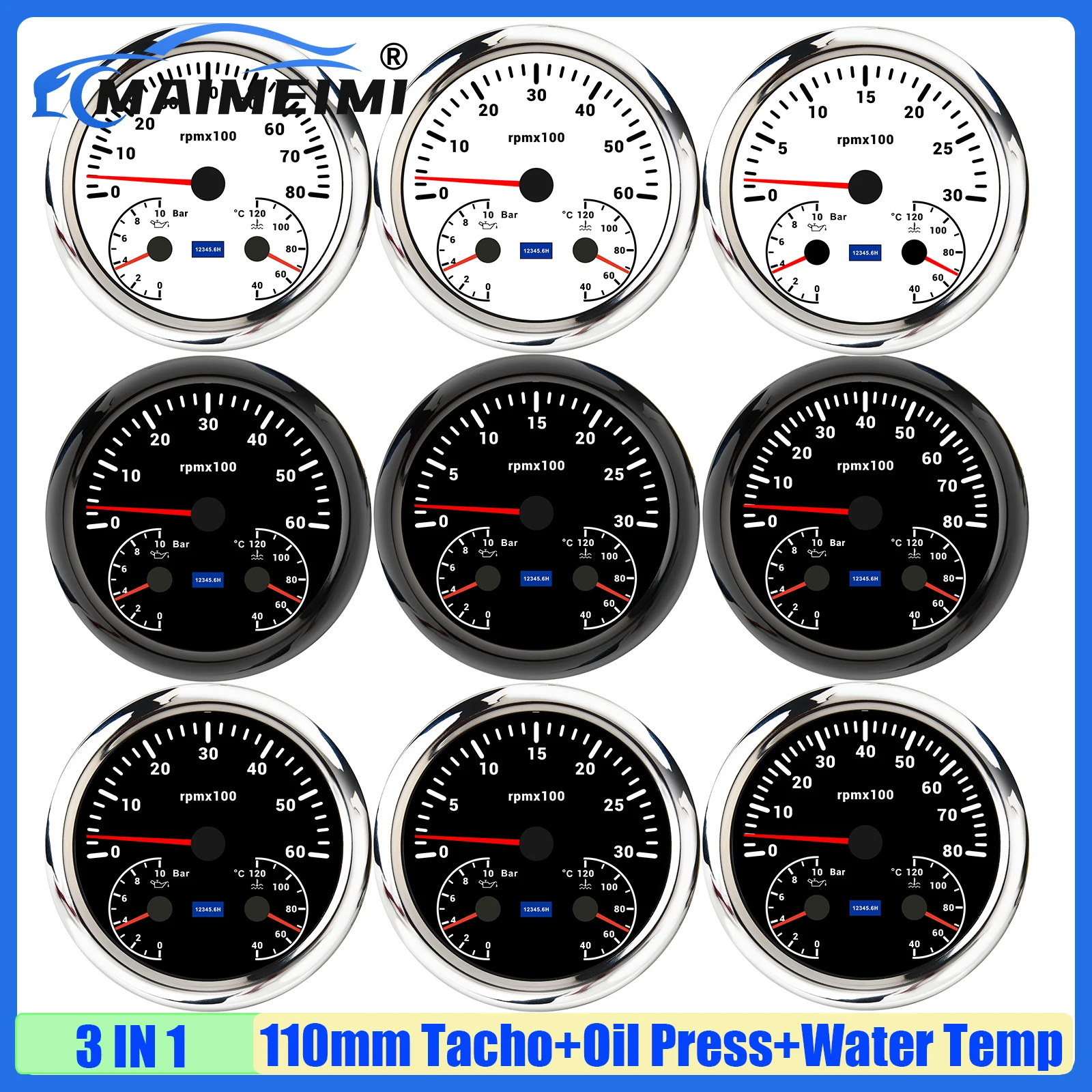 

Мультиметр с красной подсветкой, датчик 110 мм, 3000 об/мин, 6000 об/мин, тахометр 8000 об/мин + манометр масла + измеритель температуры воды для автомобиля, лодки, яхты
