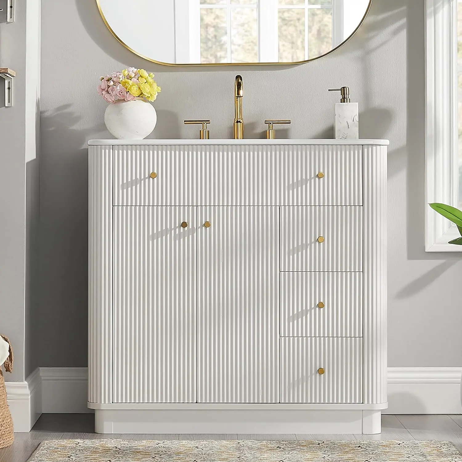 

36in Modern Fluted Bathroom Vanity Sink Cabinet Adjustable Shelf 3 Drawers Solid White, Customized