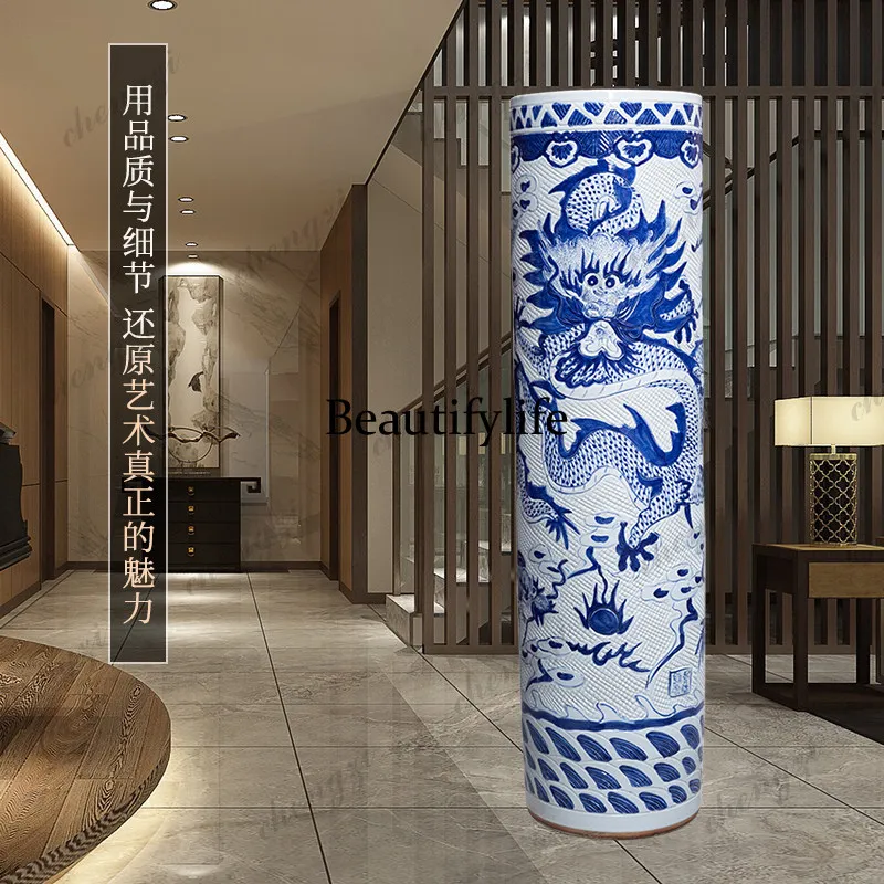 Jingdezhen ceramic blue and white dragon pattern floor-to-ceiling large vase quiver living room hotel Chinese decoration