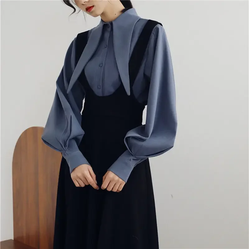 

Retro French Style Dress for Women Shirt and Strap DressPuff Sleeve Blouse High Waist Slim Outfits Fashion 2 Piece Set JJ256