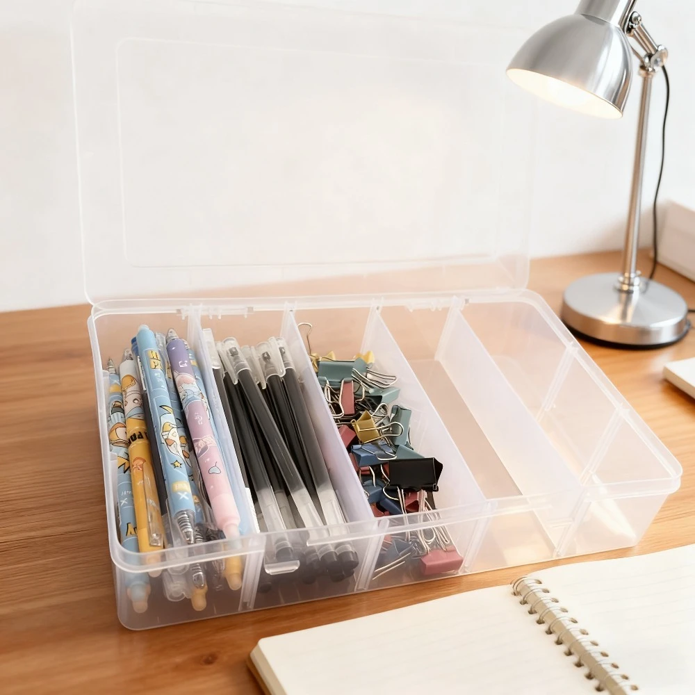 Versatile Five-Compartment Adjustable Storage Box Transparent Plastic Design with Movable Dividers for Organizing
