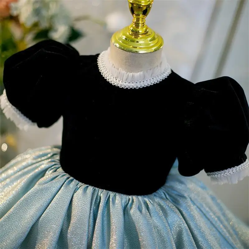 Vestidos personalizados con mangas abullonadas, Color Patchwork, cuello redondo, flores para niñas, vestido de baile plisado, Vestidos de princesa, cumpleaños sencillo y dulce para niños