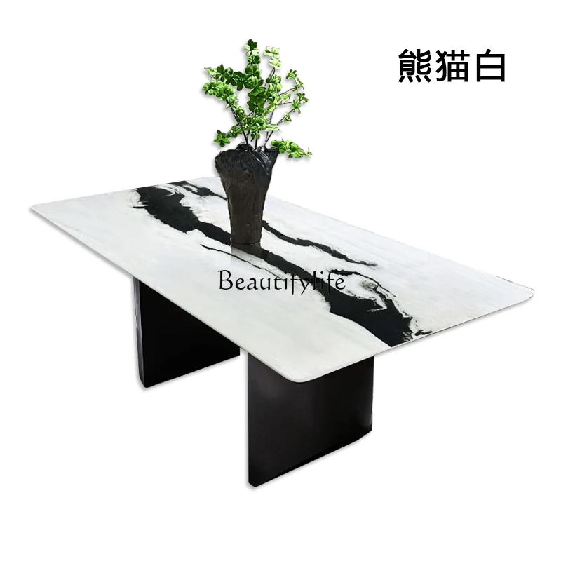 

Natural marble dining table Italian minimalist high-end designer large flat rectangular luxury stone dining table