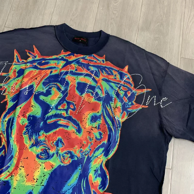 Oversize Summer Street Outfit RARE PEACE Tshirts Graffiti Faded Letters Thermal Imaging Portrait Pattern Men Women Short Sleeve