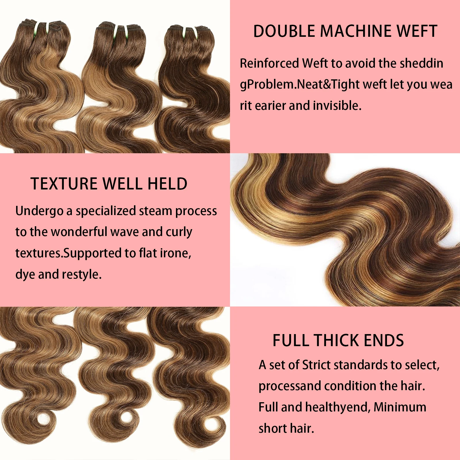 Human Hair Bundles Body Wave 3 4 Bundles 4/27 Honey Brown 100% Unprocessed Human Hair Wavy Doule Drawn Bundles Weave Extensions