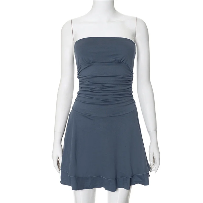 Abrt-feminino tubo superior vestido de seda sem alças franzido cintura basca plissado camada mini vestido macacão vestidos de festa