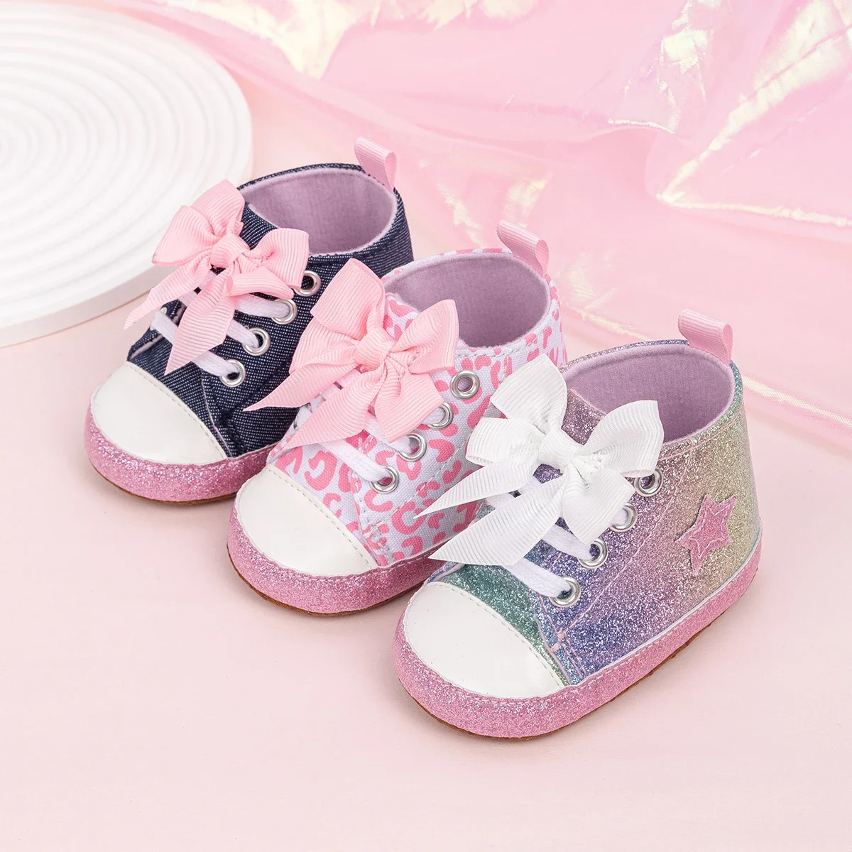 

Spring and Autumn Style 0-1 Year Old Baby Girls' Lace Up Walking Shoes High Top Soft Soled Baby Shoes