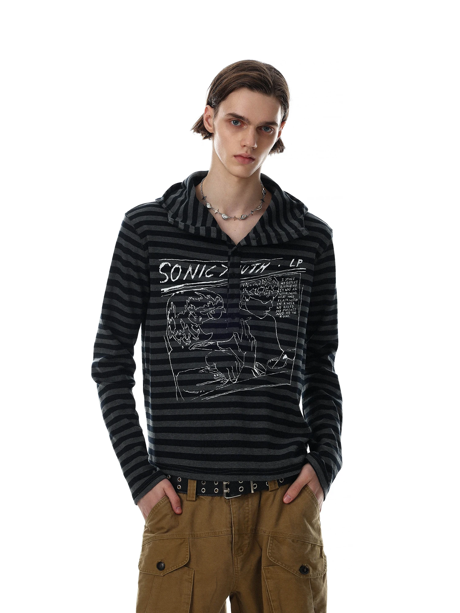 American Retro Striped Color Block Hoodie Men's Loose Design Printed Long Sleeve Top Trendy Casual Comfortable Fit T-Shirt