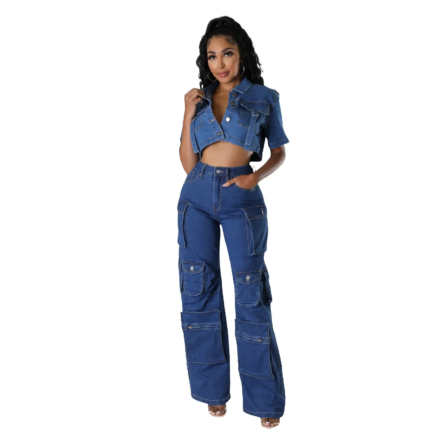 Women Jeans High Waist Cargo Pants Zipper Fly Washing Loose Fit Denim Pockets Streetwear Ankle Length Solid 2024 Summer